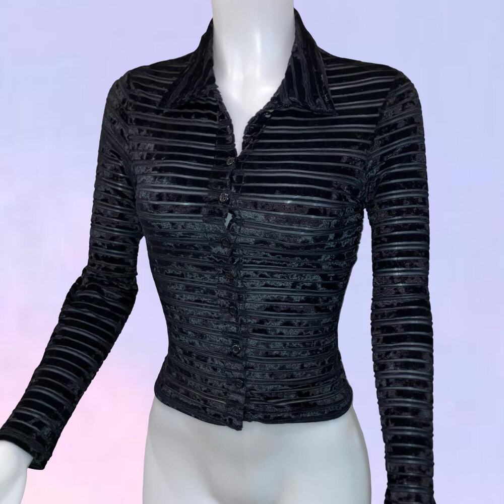 Vintage 90s y2k black velvet striped long sleeve top energie